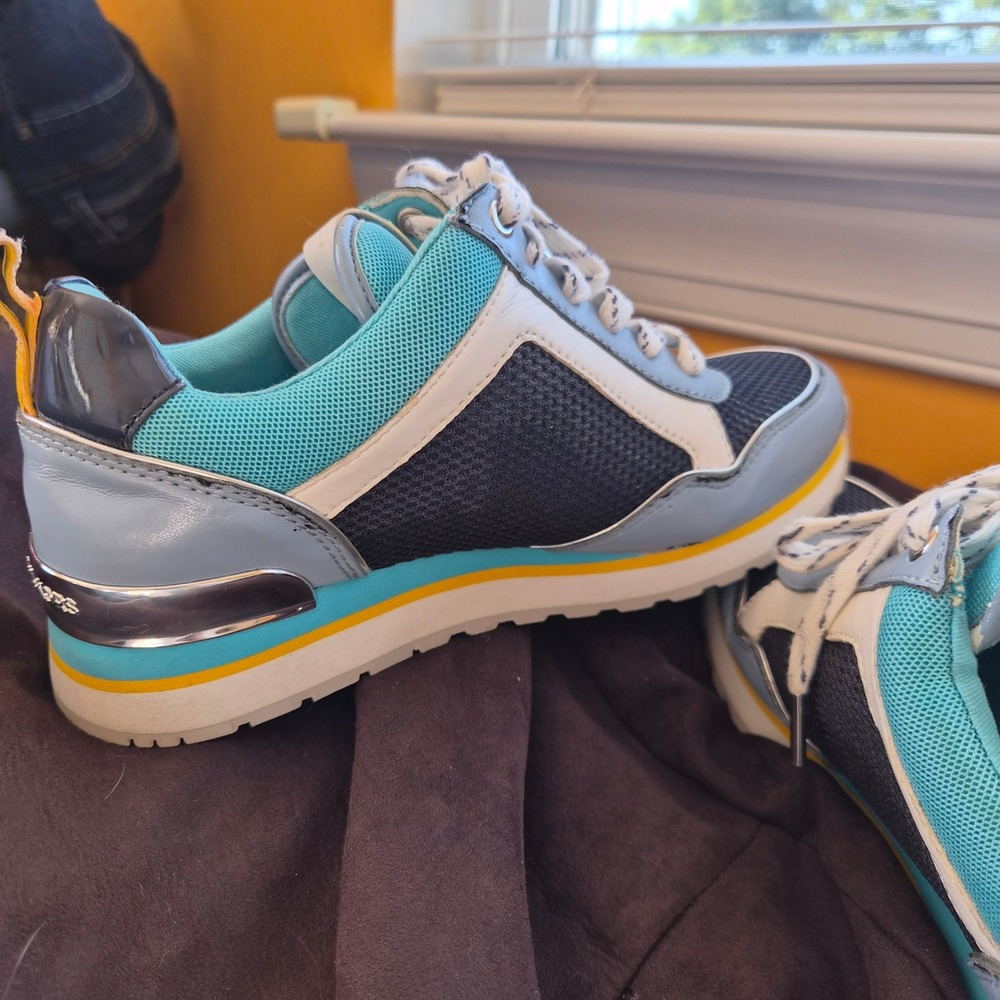 Michael Kors Maddy Sneakers Womens Blue Teal Navy Yellow Mesh Lace Up Retro - Picture 11 of 13